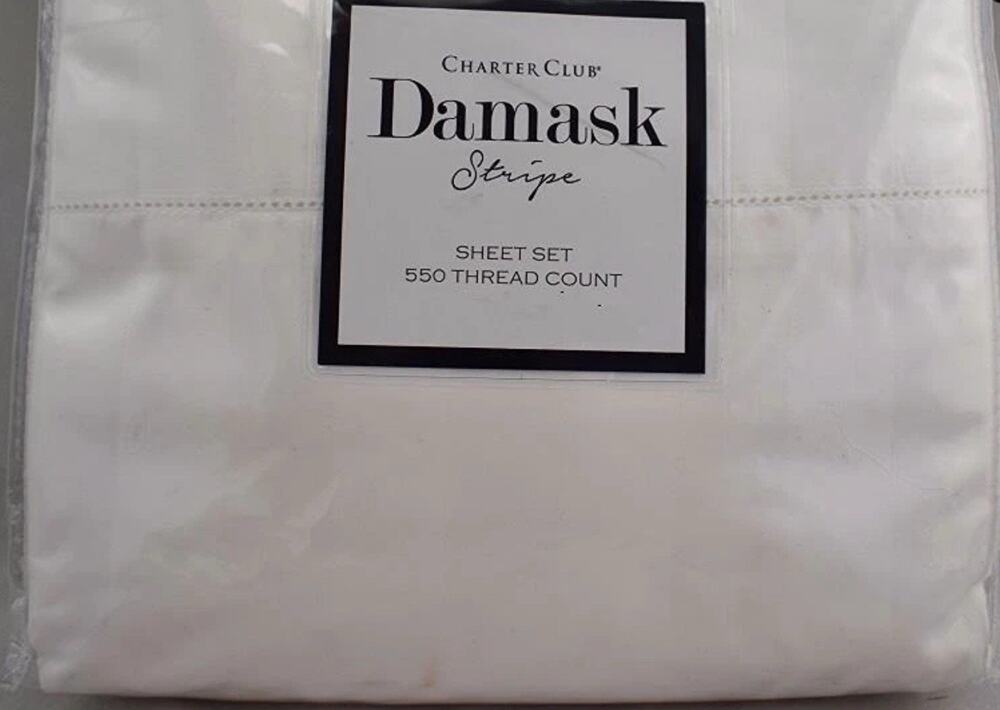 Charter Club Damask Stripe 550 Thread Count QUEEN Sheet Set White